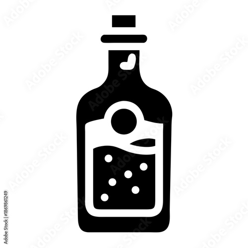 Black and white icon illustration of a bottle containing a bubbly liquid with a stopper