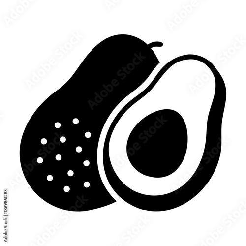 Minimalist black and white avocado fruit icon featuring whole and sliced halves