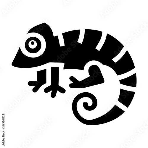 A stylized black and white icon of a chameleon with a curled tail and abstract stripes