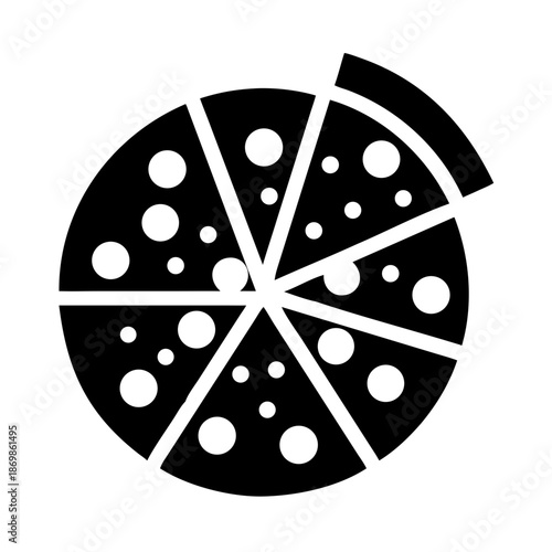 Classic pizza pie with a slice missing, depicted in a minimalist black and white icon style