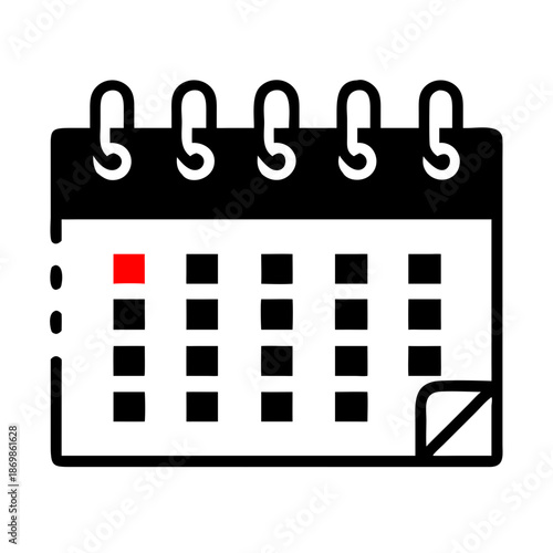 A simple black and white calendar icon highlighting a specific date in red