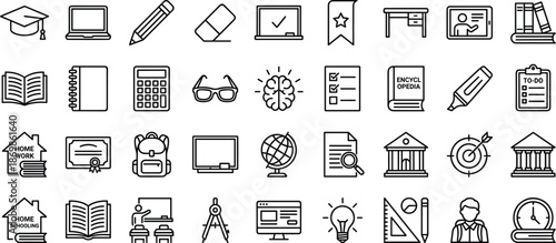 education, learning, school, student, teacher, classroom, homework, study, icon, vector, outline, academic, tablet, book, graduation