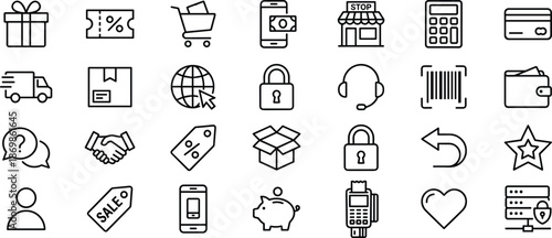 ecommerce, shopping, online, icons, vector, payment, delivery, discount, store, transaction, security, mobile, cart, barcode, wallet