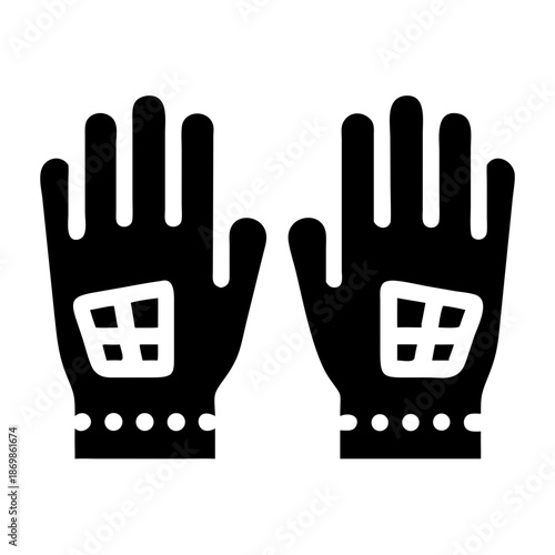 A pair of protective work gloves illustrated in a solid black glyph style icon