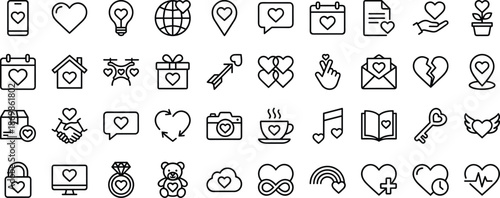 Love line icon set, heart symbols collection, romance relationship elements, social media, dating, wedding, valentine, care, affection, vector design