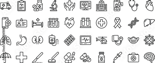 medical, healthcare, hospital, doctor, medicine, icons, vector, treatment, emergency, anatomy, equipment, health, patient, clinical, diagnosis