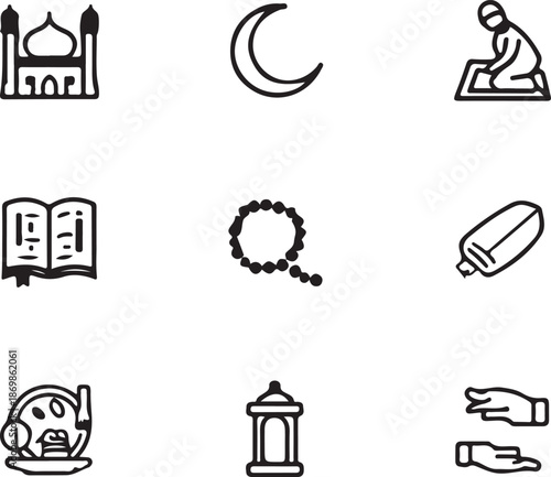 Set of minimalist Ramadan and Islamic cultural icons for holy month celebrations
