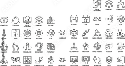 Networking line icon set, community connection symbols, teamwork collaboration elements, social communication, business relationships, online networking, vector outline design
