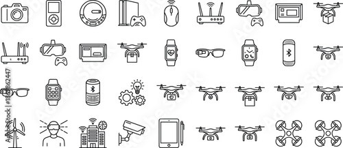 technology, smart, devices, icons, vector, innovation, drone, VR, wearable, wireless, camera, tablet, speaker, energy, gadget