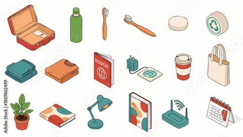 Isometric icons set of travel essentials, eco-friendly items, and everyday objects for home, work, and sustainable lifestyle concepts.