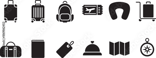Travel and luggage icons for transportation and journey preparation including bags and accessories