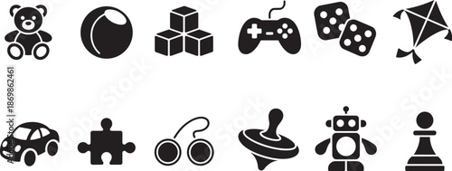 Collection of simple black icons depicting various types of toys and games for children entertainment
