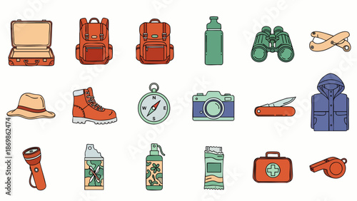 Collection of essential outdoor adventure and travel gear icons, including backpacks, compass, camera, boots, and first aid kit, perfect for hiking and camping.