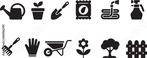 Gardening tools and elements icons for planting landscaping and yard work activities in solid black