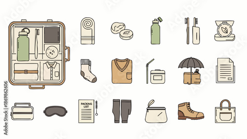 Travel and Vacation Packing Essentials Icon Set: A Comprehensive Collection of Flat Line Vector Illustrations for Trip Preparation, Personal Care, and Journey Needs.