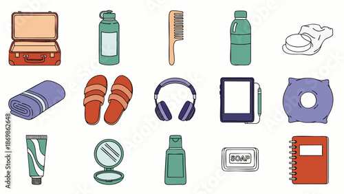 A comprehensive vector collection of essential travel items and personal care products, perfect for vacation planning, hotel amenities, or packing lists.
