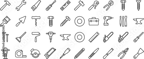 tools, hardware, construction, icons, vector, carpentry, repair, equipment, DIY, wrench, hammer, saw, drill, utility, workshop