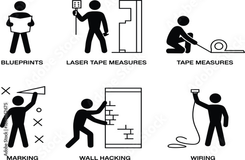 Collection Of Construction Site Stick Figure Icons Showing Blueprints Laser Tape Measures Marking And Wiring.