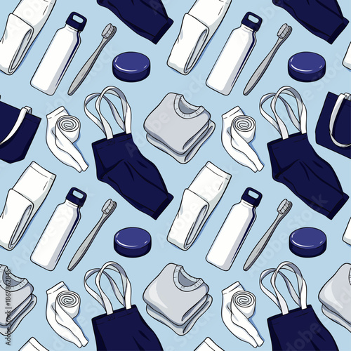 Eco-friendly seamless pattern featuring reusable personal hygiene products and daily essentials for sustainable living and a zero-waste lifestyle.