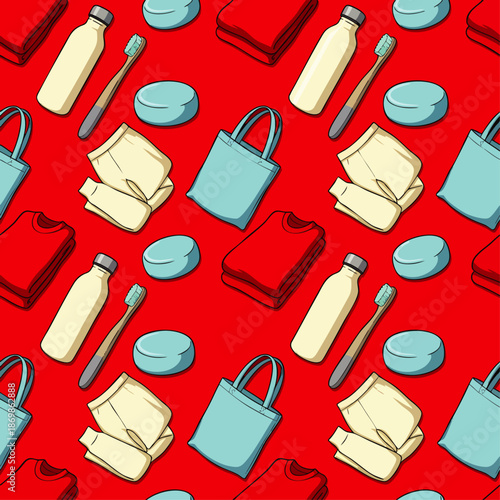 Seamless pattern of sustainable travel and personal care items on red: reusable tote bag, folded clothes, shampoo, wooden toothbrush, and soap bar.