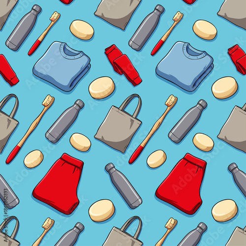 Eco-friendly travel essentials seamless pattern. Sustainable items for zero waste lifestyle: bottle, toothbrush, soap, clothes, tote bag.