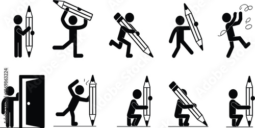 Collection Of Creative Stick Figure Icons Featuring People Carrying Large Pencils For Writing And Art Design.