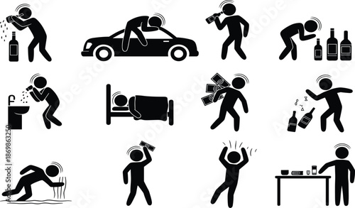 Stick Figure Silhouette Icons Depicting Alcohol Abuse Drunk Driving Vomiting Passing Out And Substance Addiction Set.