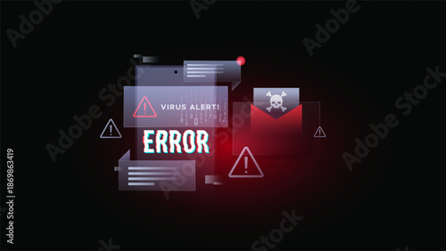 Virus alert and system error notification concept on dark background. Cyber security threat, malware infection, and digital data protection warning for professional technology and corporate themes.