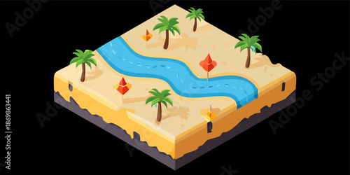 Isometric illustration of a desert island with palm trees and a winding river.