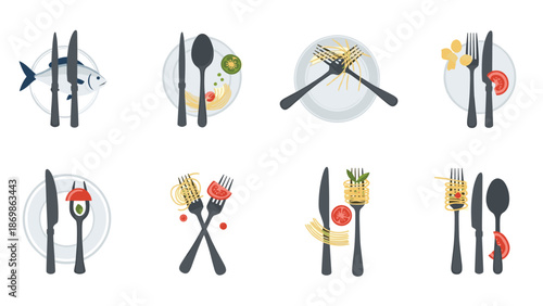 Comprehensive guide to table setting and dining etiquette showing various arrangements of plates, forks, knives, and spoons.