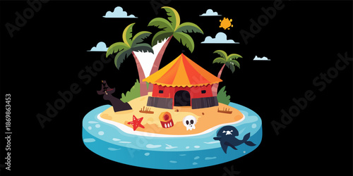 Tropical island getaway with palm trees and hut on a floating raft.