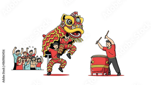 Illustration of a lion dancer performing with a drummer and a cheering crowd during a Chinese New Year celebration against a white background with vibrant red and gold colors.