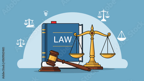 Justice system concept featuring a large blue law book, golden scales of justice, and a wooden judge gavel on blue background.