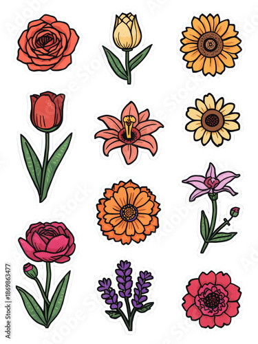 Hand drawn colorful flower sticker set