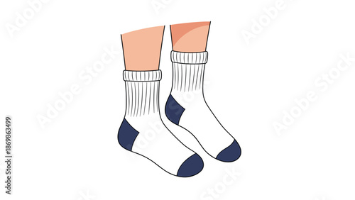 Close up illustration of human feet wearing comfortable white cotton socks with dark blue heels and toe reinforcements.