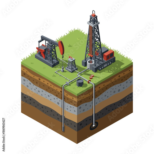 Oil Rig and Pumpjack on Ground.