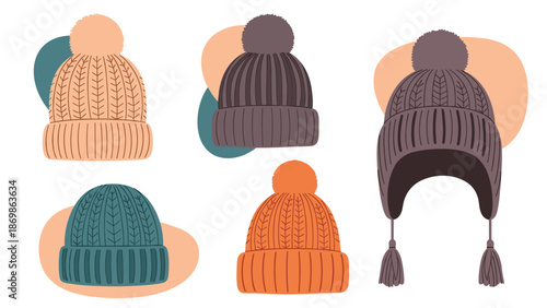 Collection of colorful knitted winter hats with pom-poms and ear flaps presented in various cozy warm colors for cold season.