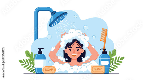 Happy young woman washing her hair with shampoo in a shower surrounded by soap, bottles, and green plant leaves.