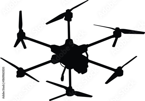 Black Silhouette Of Multirotor Hexacopter Drone Carrying Camera For Professional Aerial Photography And Video Surveillance.