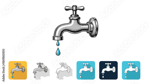Detailed vintage water tap illustration with falling droplets and several simplified icon versions for various design uses.
