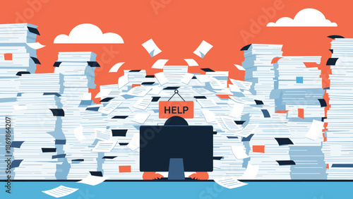 Overwhelmed office worker at a computer desk is completely buried under massive stacks of paperwork with a help sign visible.