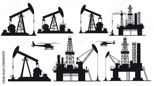 Black silhouettes of various oil industry equipment including pump jacks, offshore drilling platforms, and helicopters.