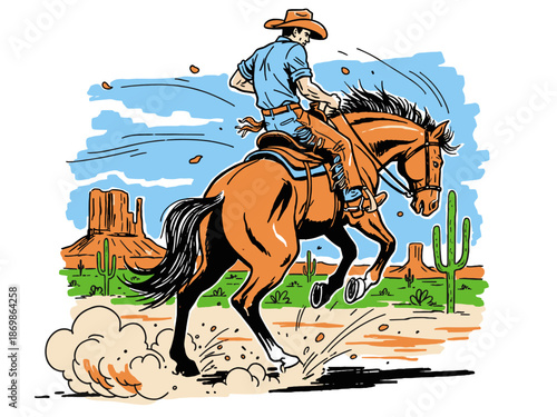 Cowboy riding horse in desert. Wild West comic book style vector illustration. Retro print for t shirt, poster, background design, and apparel.