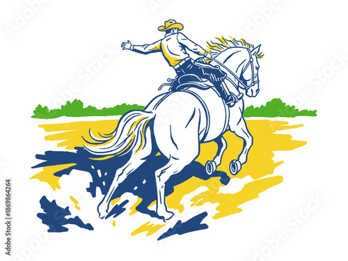 Retro cowboy riding a galloping horse illustration. Vintage rodeo graphic design for t shirt print, poster, sticker, and branding.