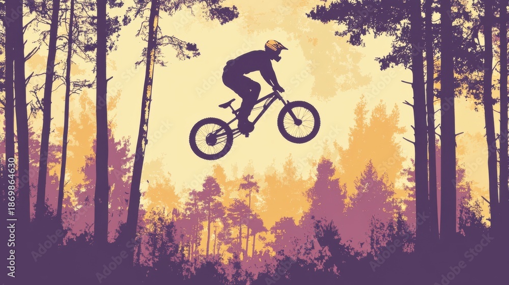 Naklejka premium bike, poster, sporty, athlete, sport, silhouette, jump, cyclist, mountain, biker, cycling, vector, extreme, cycling, motocross, race, cycle, ride, adventure, sky, illustration, black, wheel, speed