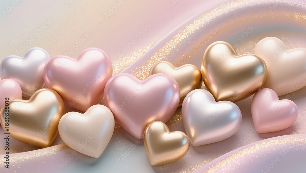 Obraz premium Luxury 3D hearts in blush, cream, and soft gold float over a silky pastel background with subtle shimmer. Glossy and pearlescent finishes, elegant Valentine’s premium stock aesthetic.