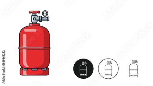 Red gas cylinder tank with a pressure gauge and valve is shown in both colored and black and white line graphic styles.