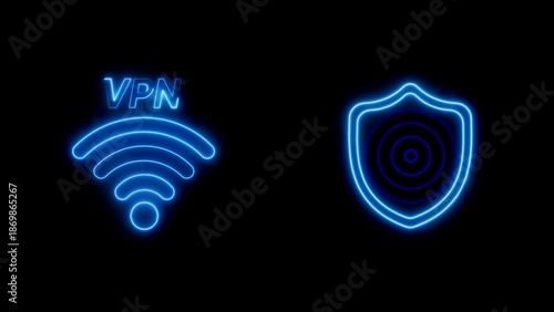 Blue neon V P N and shield on black background Wi-Fi