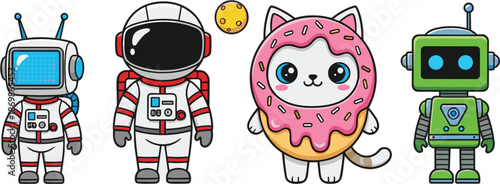 Cute kawaii space character set featuring astronaut robot and cat in pink donut suit with moon for kids nursery stickers and playful children illustrations.