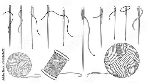 Illustration of various sewing needles with thread through eyes along with spools of yarn and thread in black and white.